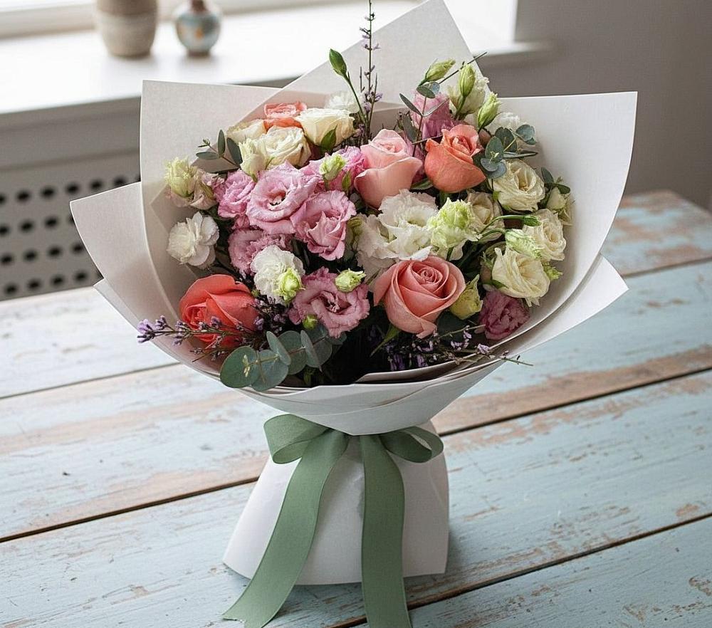 Букет цветов из: Розы, Лизиантусы и Гвоздики в Черемном