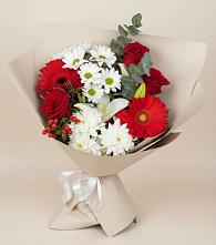 Букет цветов из:  Розы, Хризантемы, Герберы и Лилии в Черемном