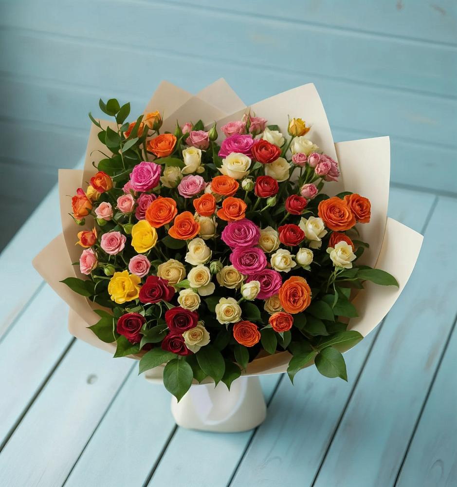 Букет Микс из разноцветных кустовых роз в Черемном
