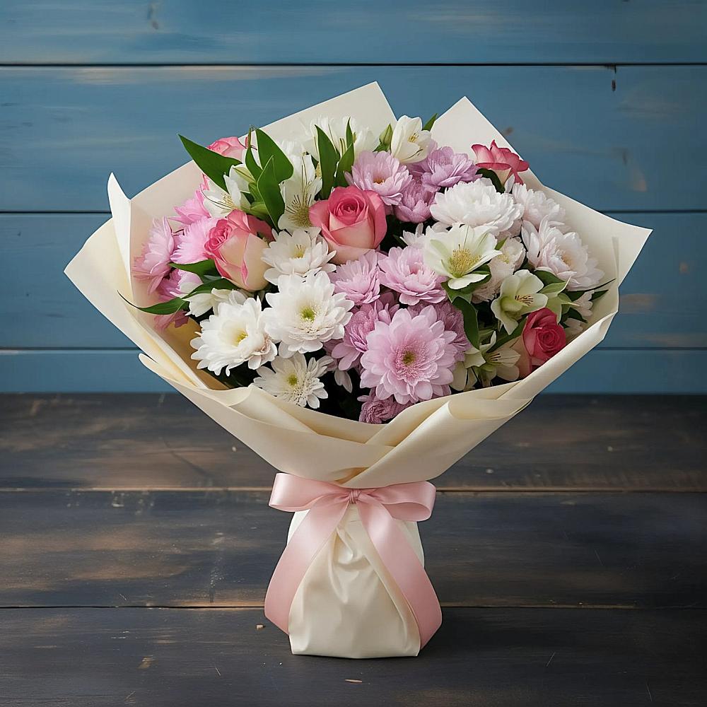 Букет цветов из: Хризантемы, Альстромерии и Розы в Черемном